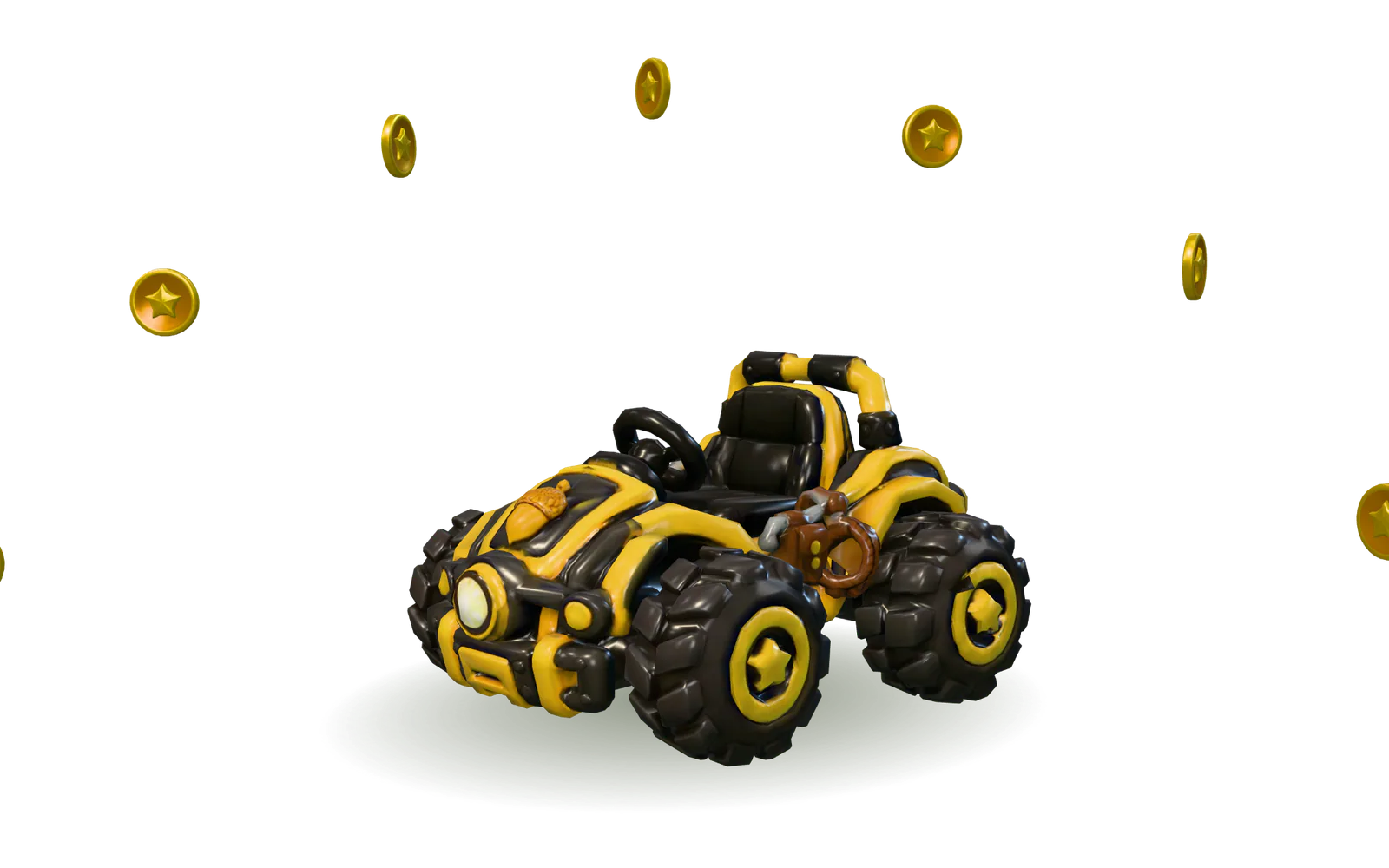 O kart amarelo e preto do Gabrio, com rodas grandes e lanterna na frente.